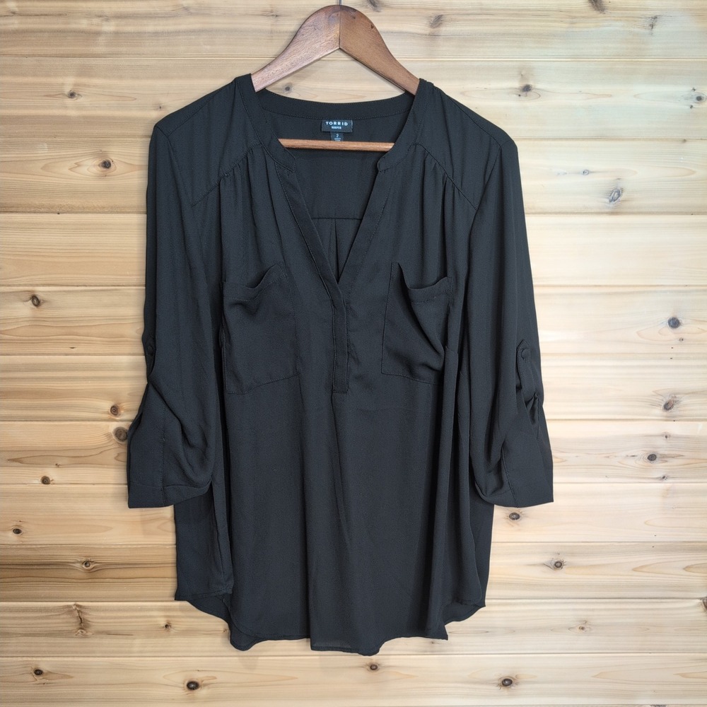 Torrid Harper Black Georgette Roll Tab Sleeve Blouse Plus Size 2 2X 10381277